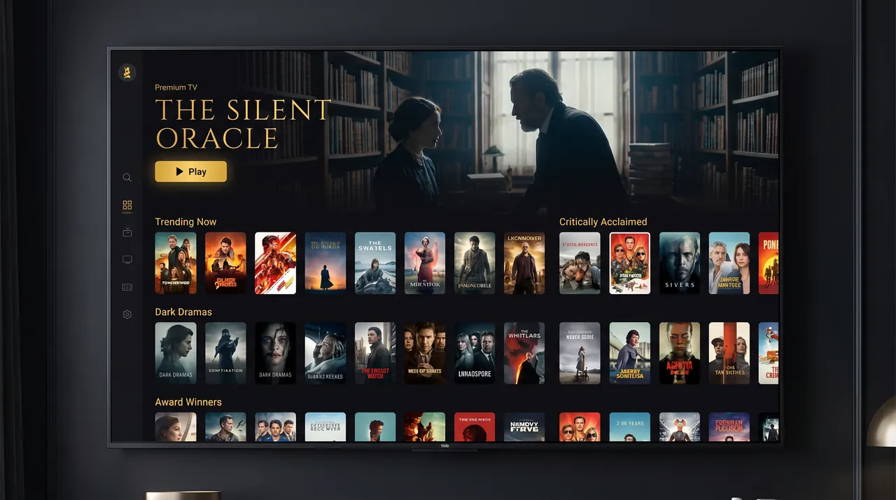 ExYu IPTV video-on-demand interface with hundreds of movie and series posters in an elegant dark menu